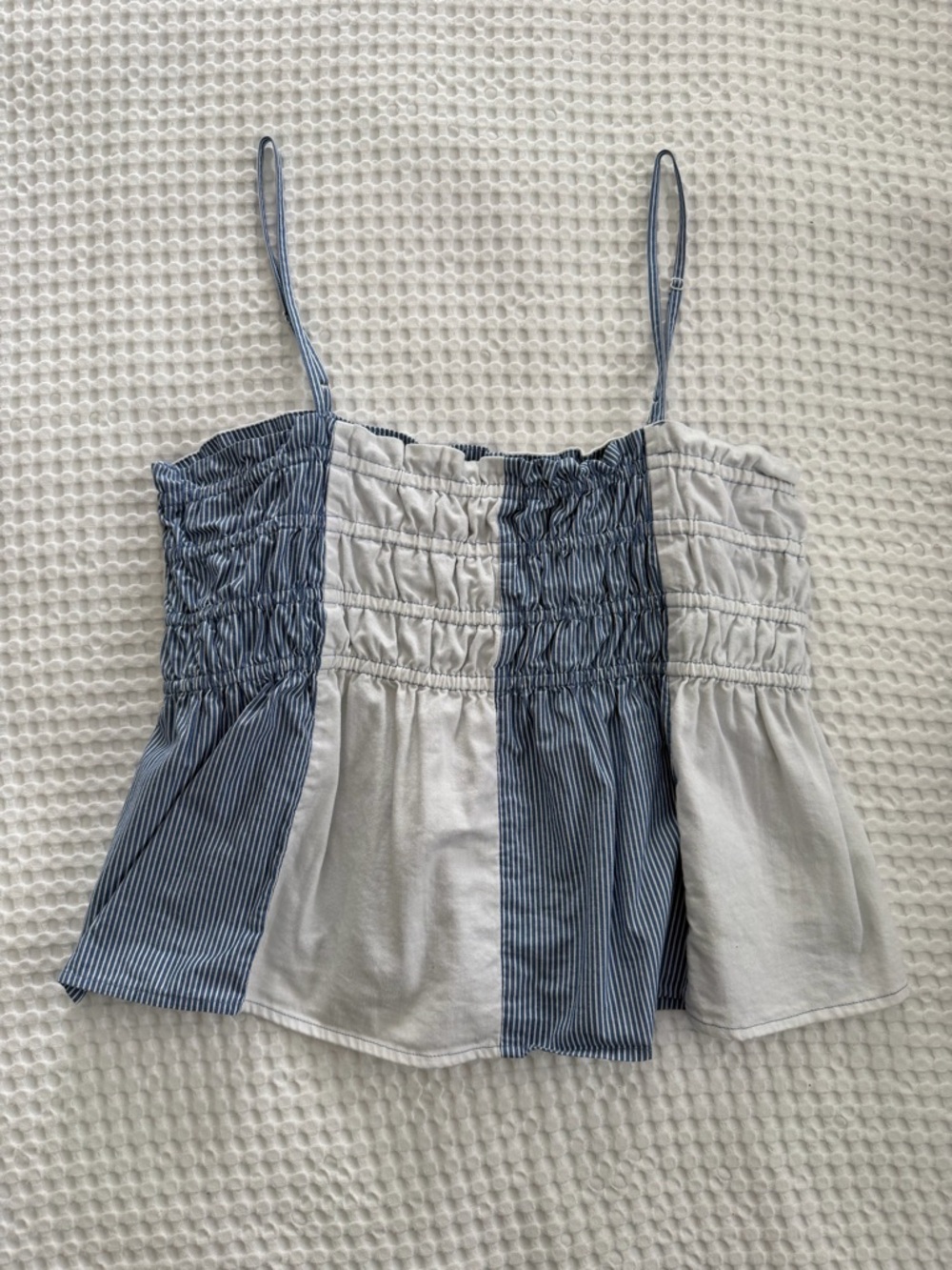 American Eagle Women's Blue White Smocked Spaghetti Strap Top Size Large
